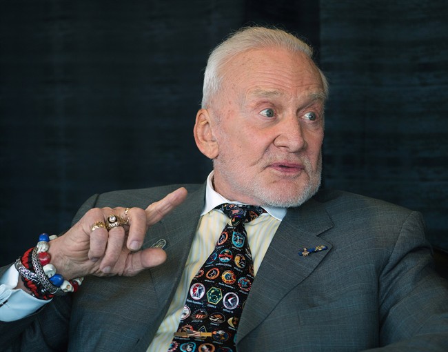 Retired astronaut Col. Buzz Aldrin speaks at the Greatness in Leadership business management event in Lethbridge, Alberta on Tuesday, February 23, 2016. 