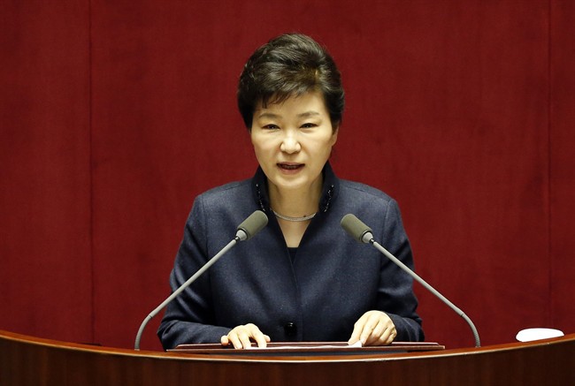 South Korean President Park Geun-hye delivers a speech at the National Assembly in Seoul, South Korea, Tuesday, Feb. 16, 2016. 