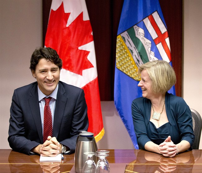 Prime Minister Justin Trudeau, left, and Alberta Premier Rachel Notley chat prior to a roundtable meeting with oil and gas producers in Calgary, Alberta, on Thursday, Feb. 4, 2016.