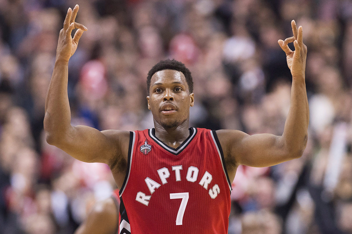 Toronto Raptors guard Kyle Lowry reacts a sinking a third point shot in the final minutes of the game against the Minnesota Timberwolves.