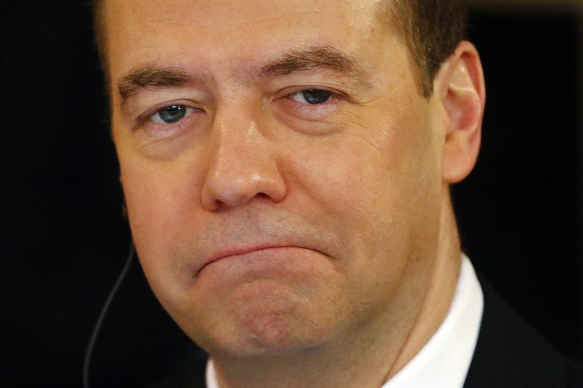 Russian Prime Minister Dmitry Medvedev attends a breakfast with members of a German Economic delegation at the Security Conference in Munich, Germany, Saturday, Feb. 13, 2016. 
