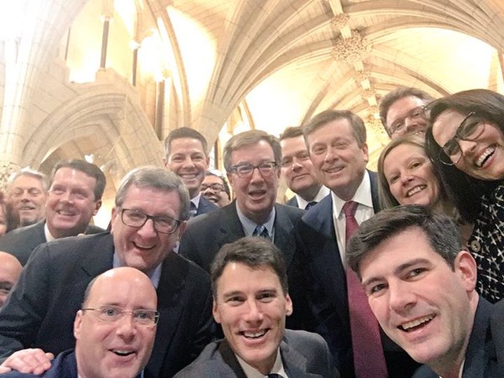 Edmonton Mayor Don Iveson takes a selfie with other mayors who belong to the Big City Mayors' Caucus on Feb. 5, 2016.