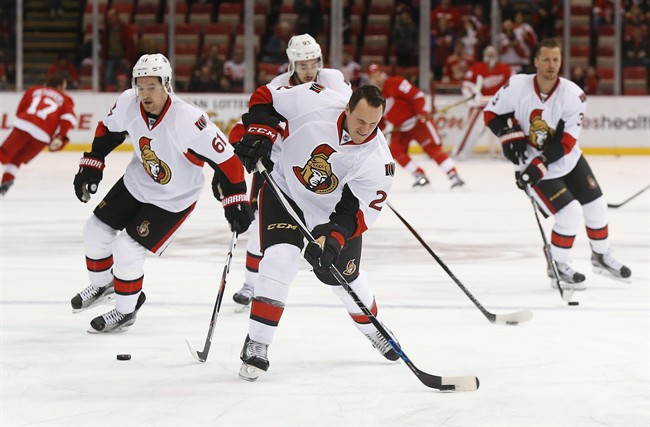 Ottawa Senators defenseman Dion Phaneuf skates during warmups before an NHL hockey game against the Detroit Red Wings, Wednesday, Feb. 10, 2016 in Detroit.