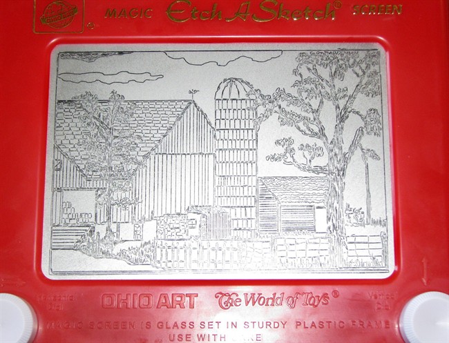 FILE - In this June 26, 2008 file photo, an Etch-A-Sketch drawing made by artist Andy Kingston depicts a rural farm scene in Poplar Bluff, Mo. Ohio Art Co. sold the Etch A Sketch and the spinoff Doodle Sketch to Spin Master Corp. for an undisclosed price to a toy firm in Toronto. Ohio Art announced the surprise move Thursday, Feb. 11, 2016. (Margaret Harwell/The Daily American Republic via AP).