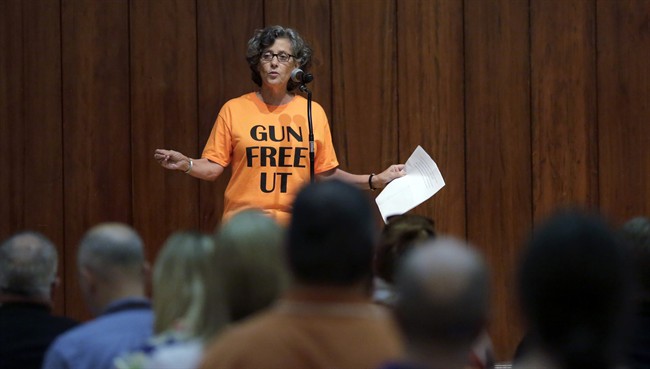 FILE - In a Wednesday, Sept. 30, 2015 file photo, Professor Joan Neuberger speaks during a public forum on how to implement a new law allowing students with concealed weapons permits to carry firearms into class and other campus buildings, in Austin, Texas. Some faculty members at the University of Houston say sensitive subjects may become taboo in their classrooms because of a law allowing Texas public university students to bring guns to class. The law takes effect in August 2016. 