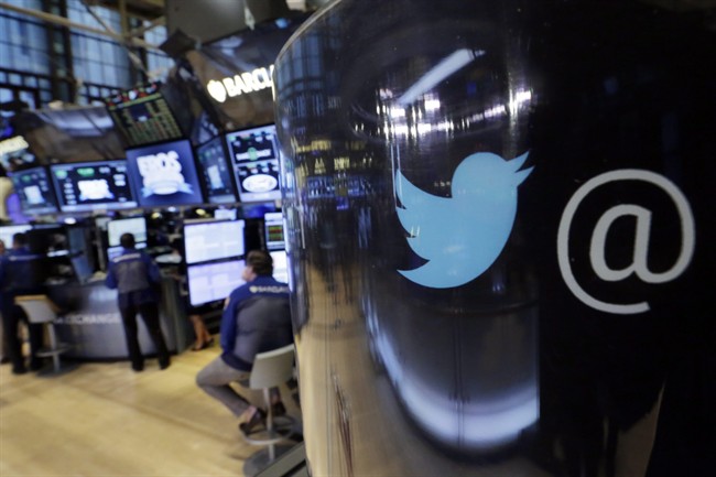 In this Tuesday, Oct. 13, 2015, file photo, the Twitter logo appears on a phone post on the floor of the New York Stock Exchange. Twitter Inc. reports financial results Wednesday, Feb. 10, 2016.
