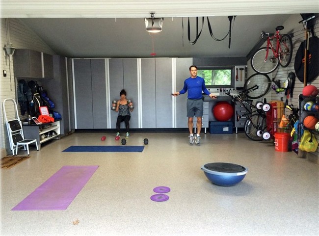 Todd Carter of Tailored Living featuring Premier Garage decided to clean up the a messy garage space to make it more attractive and useful. Carter added wall storage systems and flooring to transform the space into a workout room. 