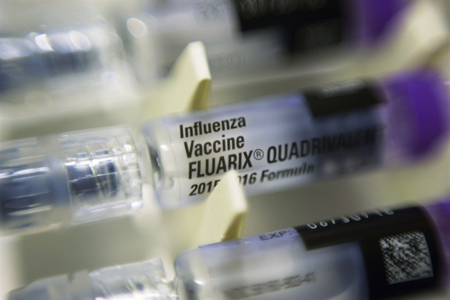 FILE - This Thursday, Nov. 12, 2015 file photo shows single dosage syringes of the Fluarix quadrivalent influenza virus vaccine in New York. 