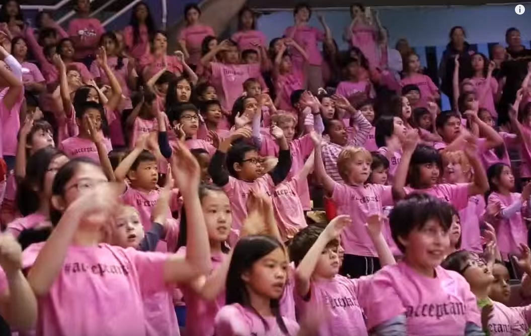 Thousands of kids took part in a pink-shirted flash mob in 2015.