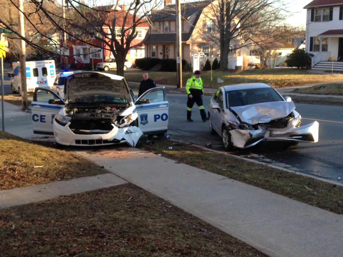 A Halifax Regional Police cruiser and a car were heavily damage after a head-on crash on Pleasant St. in Dartmouth.