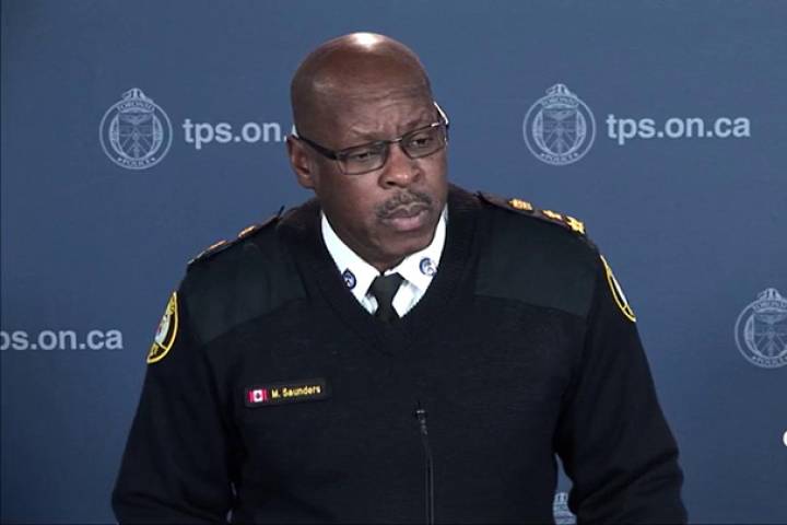 Toronto Police Chief Mark Saunders addresses the media on Jan. 28, 2016 after four Toronto police officers were charged in connection with allegedly planting heroin in a 2014 arrest. 