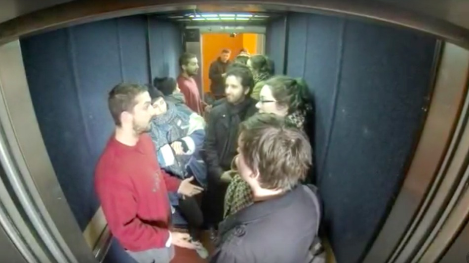 Shia LaBeouf in an elevator at Oxford University
