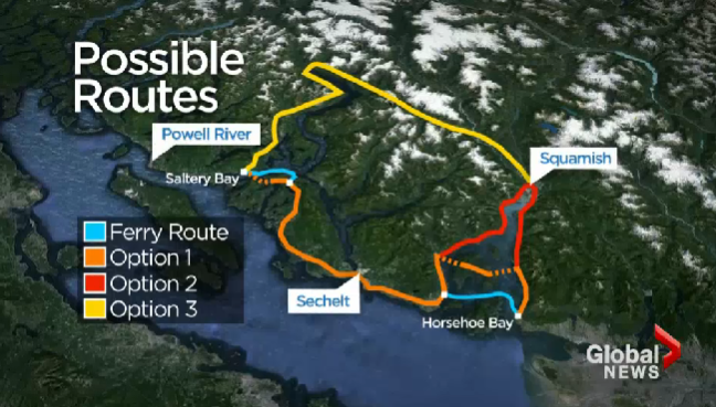 A look at the possible routes to link the Lower Mainland with the Sunshine Coast.