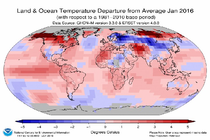 This illustration details the temperature anomalies across the globe in January 2016.