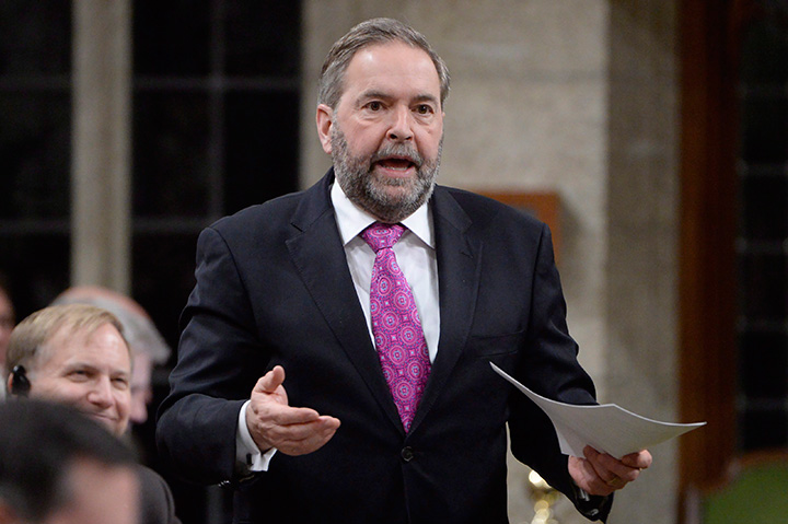NDP Leader Tom Mulcair speaks during Question Period in the House of Commons on Parliament Hill in Ottawa, on Wednesday, Feb.24, 2016. 