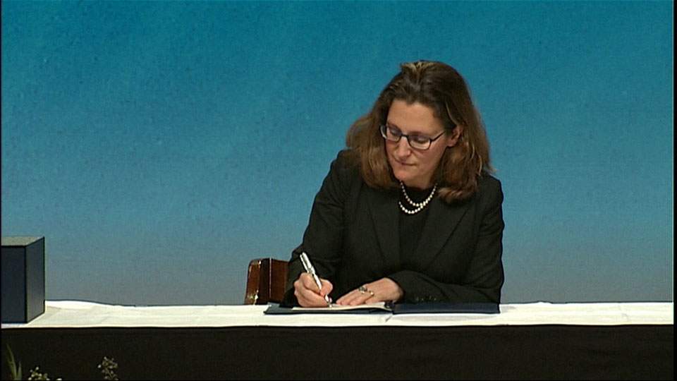 Chrystia Freeland, Canada’s minister of international trade, was in New Zealand to sign the Trans-Pacific Partnership deal.