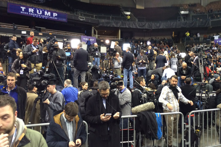 The media riser – the area at the back of the auditorium where journalists set up to cover the rally.