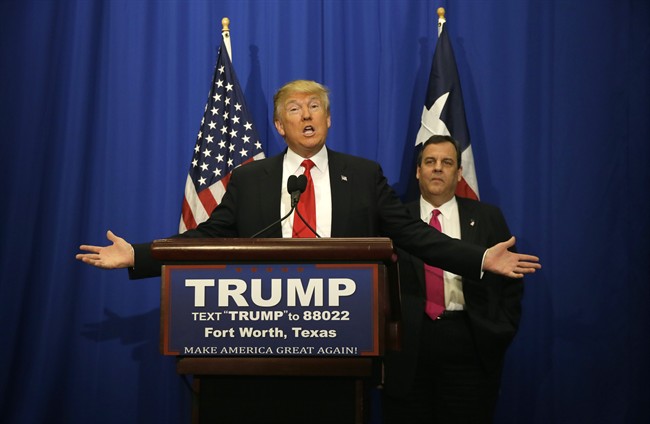 Republican presidential candidate Donald Trump, accompanied by New Jersey Gov. Chris Christie, speaks before a rally in Fort Worth, Texas, Friday, Feb. 26, 2016.