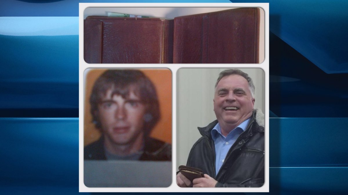Harold Parker is pictured here, both in 2016 receiving the wallet, and in a photo from his 1976 ID. 