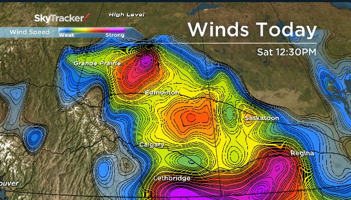 Global Calgary map of peak winds Saturday.