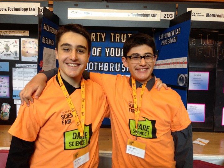 Kevin (L) and Markus (R) Amalfi from Centennial Regional High School stand with their toothbrush project, Monday, March 14, 2016.