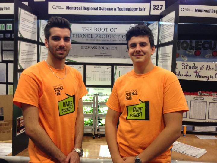 Jaad Vanderwee (L) and Sean Giancobbe (R) from Royal West Academy display their project on ethanol, Monday, March 14, 2016.