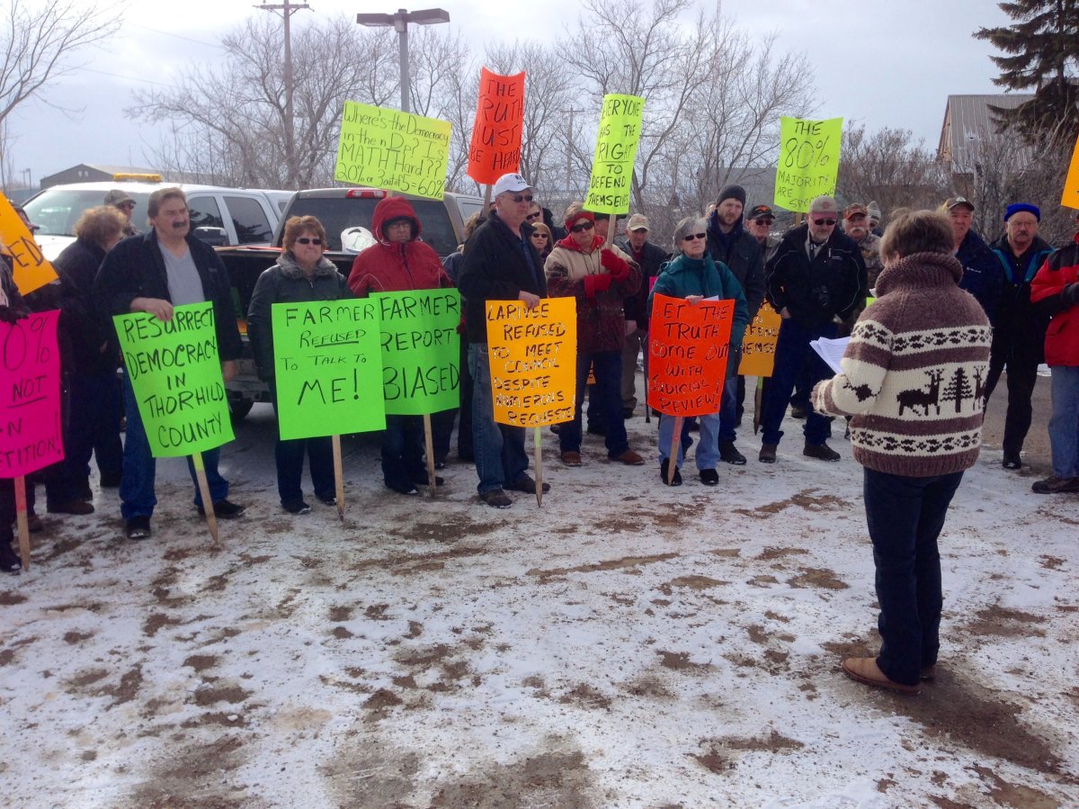 A rally in support of three Thorhild councillors fired by the province in Thorhild March 17, 2016.