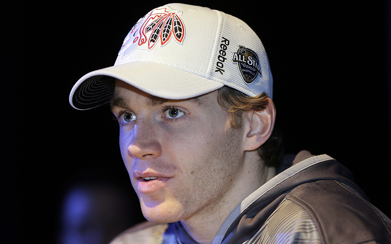 Chicago Blackhawks forward Patrick Kane answers questions during NHL hockey All-Star game media day Friday, Jan. 29, 2016, in Nashville, Tenn. 
