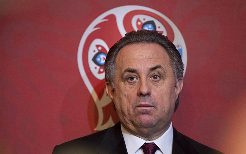Russian Sports Minister Vitaly Mutko speaks during a ceremony marking a start of 500 days countdown to the FIFA Confederations Cup in Moscow, Russia, Wednesday, Feb.  3, 2016. 