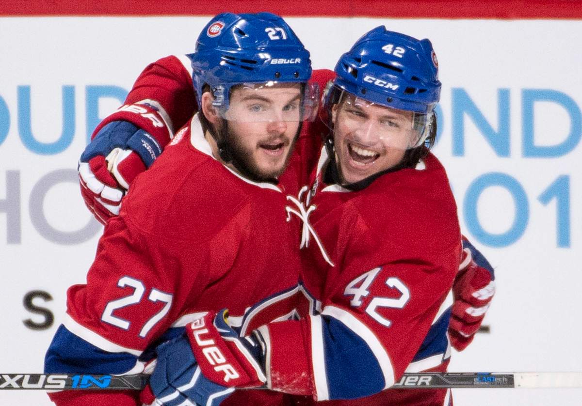 Montreal Canadiens' Alex Galchenyuk (27 celebrates with teammate Sven Andrighetto (42) after scoring against the Dallas Stars during second period NHL hockey action in Montreal, Tuesday, March 8, 2016. 