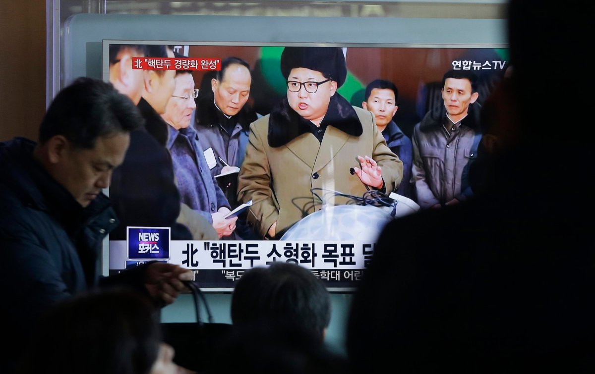 People watch a TV news program showing North Korean leader Kim Jong Un with superimposed letters that read: "North Korea has made nuclear warheads small enough to fit on ballistic missiles" at Seoul Railway Station in Seoul, South Korea, Wednesday, March 9, 2016. The official North Korean news agency says the communist country's leader Kim met his nuclear scientists for a briefing and declared he was greatly pleased that warheads had been miniaturized for use on ballistic missiles.