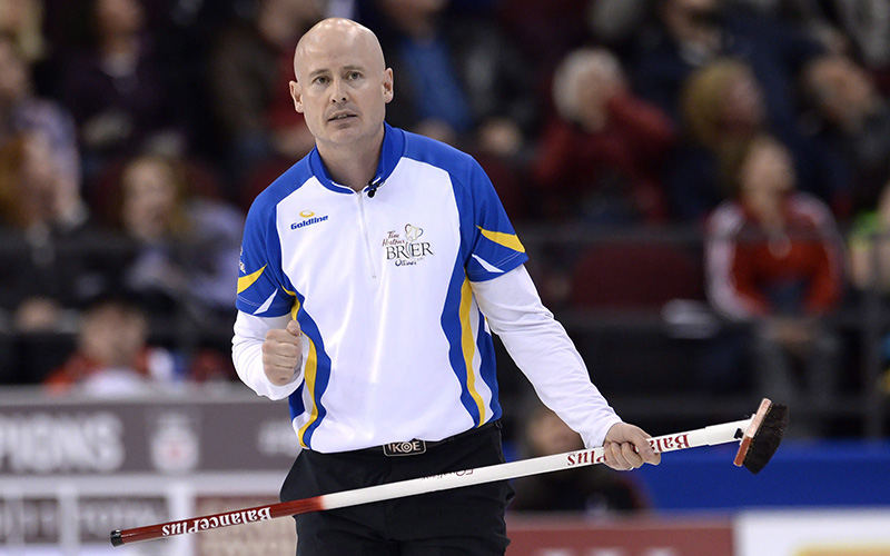 Team Alberta skip Kevin Koe pumps his fist after scoring three in the seventh end during championship match action against Team Newfoundland and Labrador at the Brier curling championship in Ottawa on Sunday, March 13, 2016. 