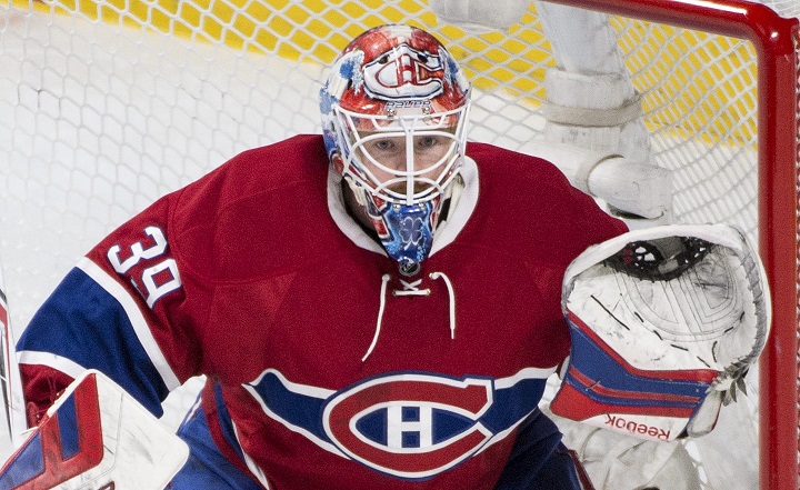 In this file photo, Montreal Canadiens goaltender Mike Condon keeps an eye on the play during an NHL hockey game against the Buffalo Sabres in Montreal, Thursday, March 10, 2016.