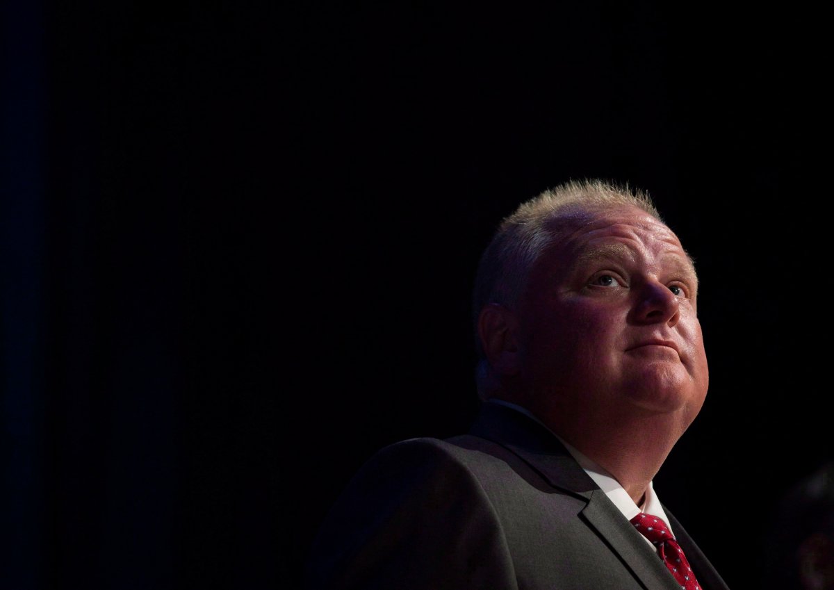 Rob Ford pauses while participating in a mayoral debate in Toronto on July 15, 2014.