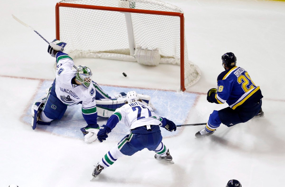 St. Louis Blues' Kyle Brodziak, right, scores past Vancouver Canucks goalie Jacob Markstrom, left and defenseman Ben Hutton during the first period. 