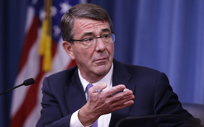 Defense Secretary Ash Carter speaks during a news conference at the Pentagon. Newly released documents show Carter used his personal email account for government business for nearly a year, until December 2015 when news reports revealed the practice. 