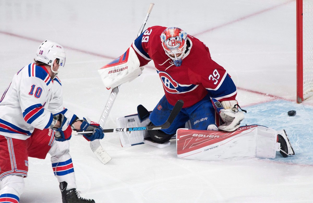 Montreal Canadiens goaltender Mike Condon gives up a goal to New York Rangers' J.T. Miller (10) during first period NHL hockey action in Montreal, Saturday, March 26, 2016. 