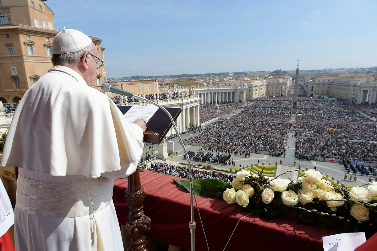 Pope Francis delivers the Urbi et Orbi (to the city and to the world) message at end of the Easter mass, in St. Peter's Square, at the Vatican, Sunday, March 27, 2016. Pope Francis tempered his Easter Sunday message of Christian hope with a denunciation of blind terrorism, recalling victims of attacks in Europe, Africa and elsewhere, as well as expressing dismay that people fleeing war or poverty are being denied welcome as European countries squabble over the refugee crisis. 