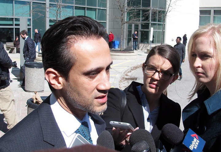 Lawyer Anser Farooq talks to media outside court on Tuesday, March 29, 2016, in Brampton, Ont., after his client, Kevin Mohamed, was remanded in custody.