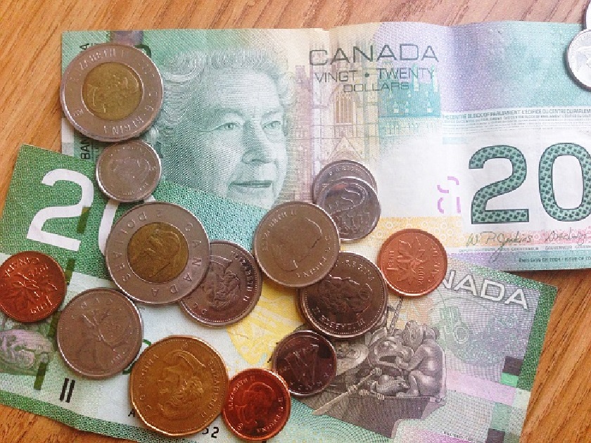 Canadian $20 bill and coins.