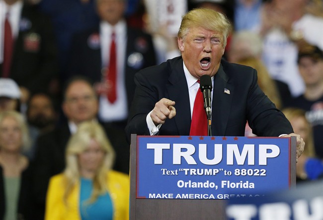 Republican presidential candidate Donald Trump speaks during a campaign rally, Saturday, March 5, 2016, in Orlando, Fla. 