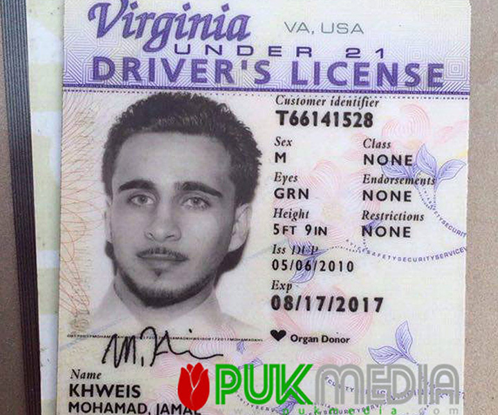 This photo posted online by PUK shows the Virginia driver's license found on a man who turned himself in to Kurdish forces in northern Iraq on Monday, March 14, 2016. 