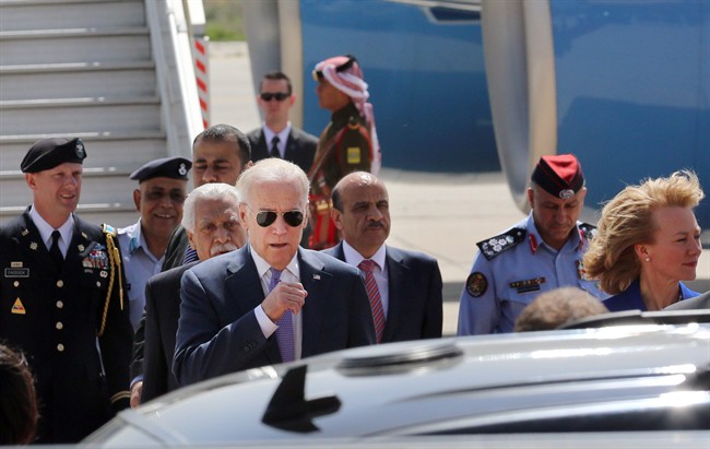 US Vice President Joe Biden, accompanied by his wife Dr. Jill Biden, arrive at Marka Airport in Amman, Jordan, Thursday, March 10, 2016. 