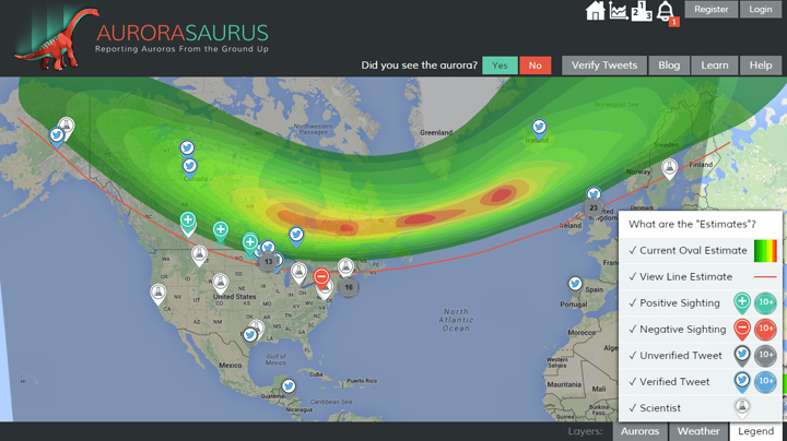 This map found on aurorasaurus.org shows an aurora storm on March 6, 2016. Citizen scientists reported seeing aurora in the midlands of England, the north coast of the Netherlands, and areas in the United States such as Maine, New York, Minnesota and North Dakota.