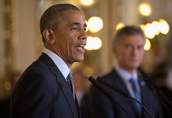 President Barack Obama and Argentine President Mauricio Macri participate in a joint news conference at the Casa Rasada in Buenos Aires, Argentina, ednesday, March 23, 2016.  
