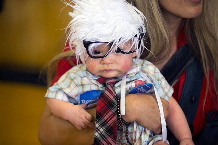 This Sunday, Feb. 14, 2016 file photo shows three-month-old Oliver Jack Carter Lomas-Davis, of Venice, Calif., dressed as Democratic presidential candidate Sen. Bernie Sanders, during a rally at Bonanza High School in Las Vegas. 