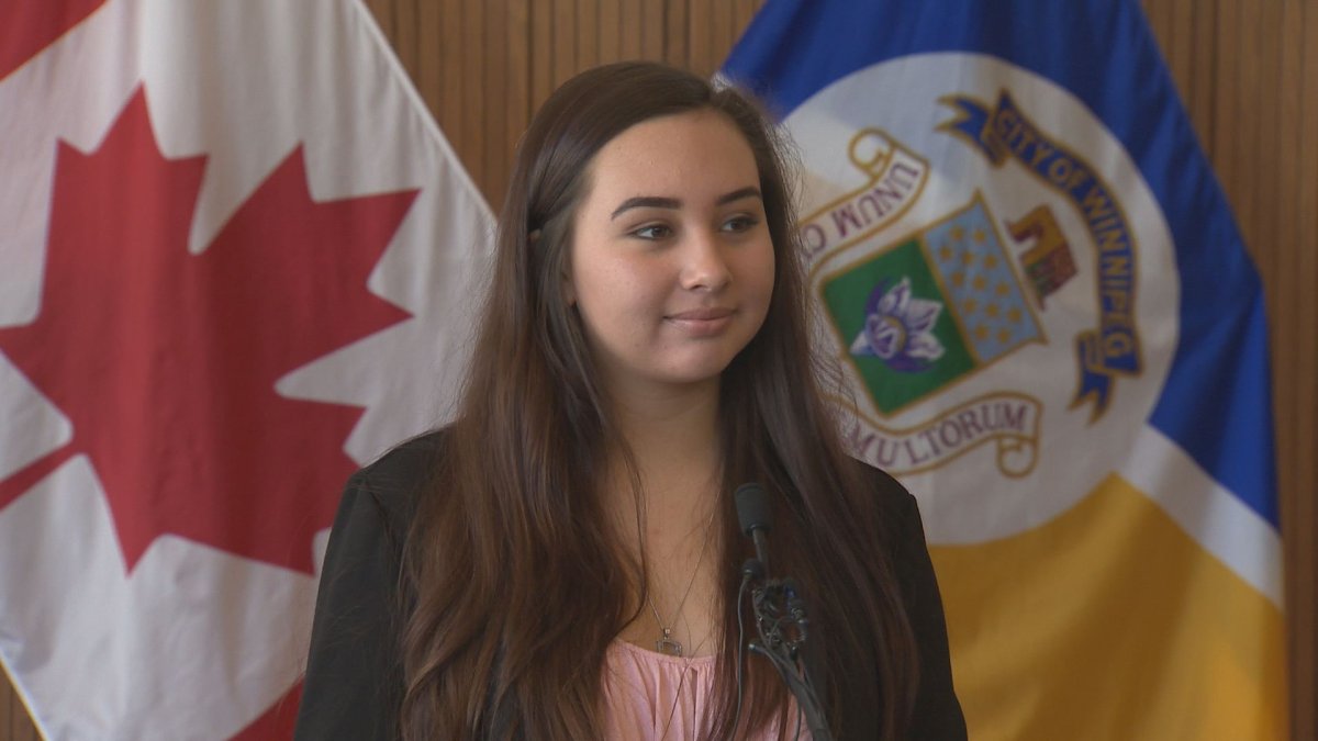 Brianna Jonnie speaks to media after a closed-door meeting with Mayor Brian Bowman in 2016.