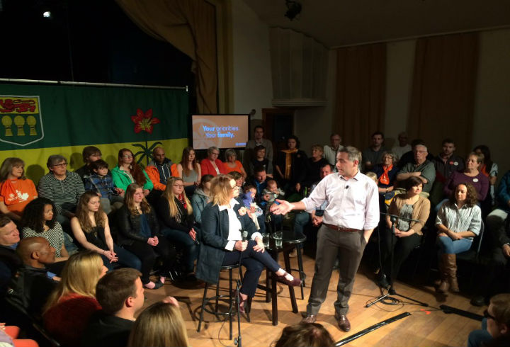 Saskatchewan NDP Leader Cam Broten answers questions during a town hall at the Artesian in Regina on March 28.