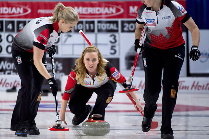 Canada skip, Chelsea Carey, centre, watches her shot as lead Laine Peters and second Jocelyn Peterman (left) sweep during the 6th draw against Russia at the Women's World Curling Championship in Swift Current, Sask. Monday, March 21, 2016.