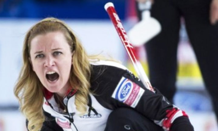 Canada skip Chelsea Carey calls a shot during the 3rd draw against Switzerland at the Women's World Curling Championship in Swift Current, Sask. Sunday, March 20, 2016.